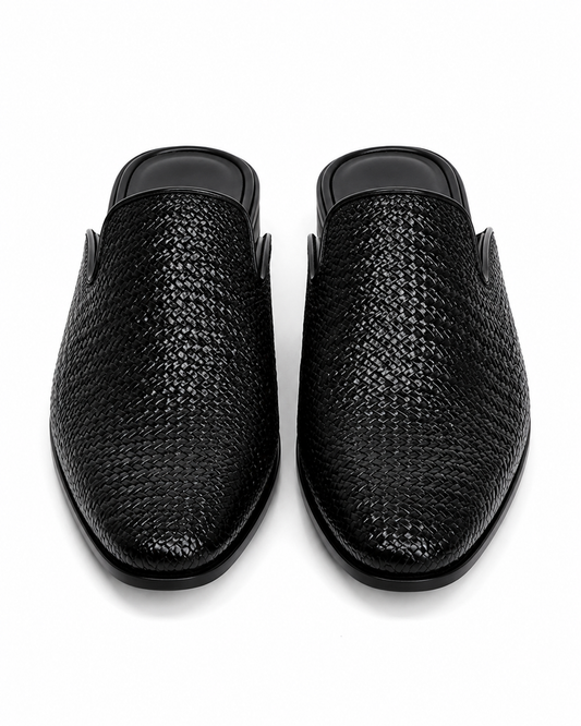 Men’s Stylish Woven Mule Slippers – Comfortable Everyday Wear - Genuine Leather